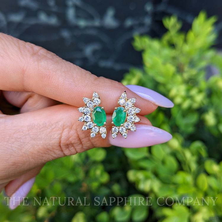 0.82 Ct.Tw. Emerald and Natural Diamond Studs Earrings, 14K Yellow Gold