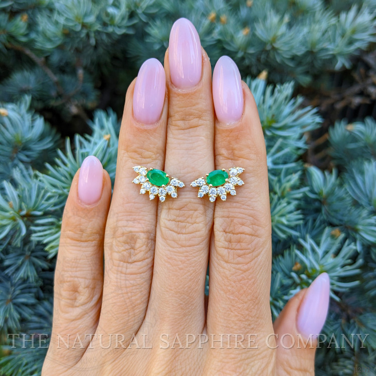 0.82 Ct.Tw. Emerald and Natural Diamond Studs Earrings, 14K Yellow Gold