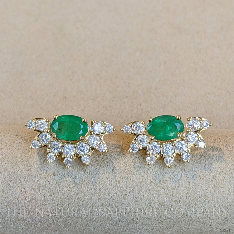 0.82 Ct.Tw. Emerald and Natural Diamond Studs Earrings, 14K Yellow Gold