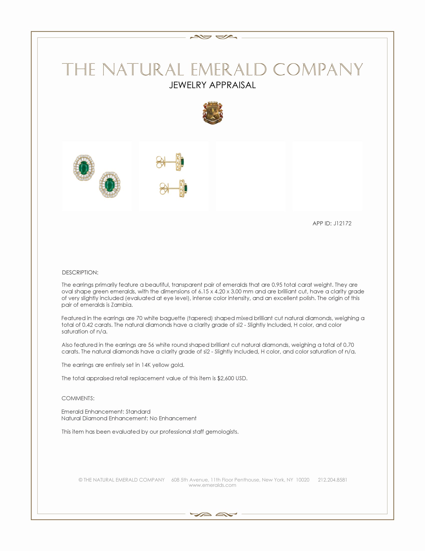 0.95 Ct.Tw. Emerald and Natural Diamond Studs Earrings, 14K Yellow Gold