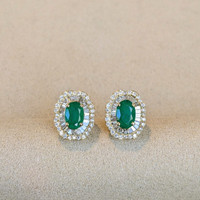 0.95&nbsp;Ct.Tw.Total Carat Weight Emerald and Natural Diamond Studs Earrings, 14K Yellow Gold Life Style