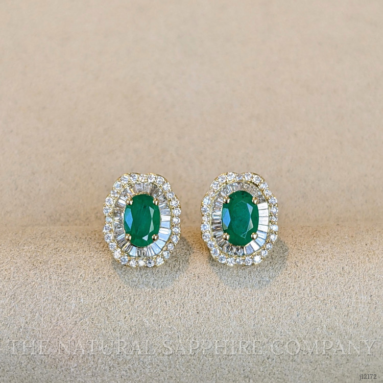 0.95 Ct.Tw. Emerald and Natural Diamond Studs Earrings, 14K Yellow Gold