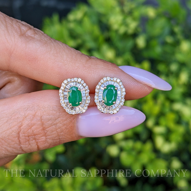 0.95 Ct.Tw. Emerald and Natural Diamond Studs Earrings, 14K Yellow Gold