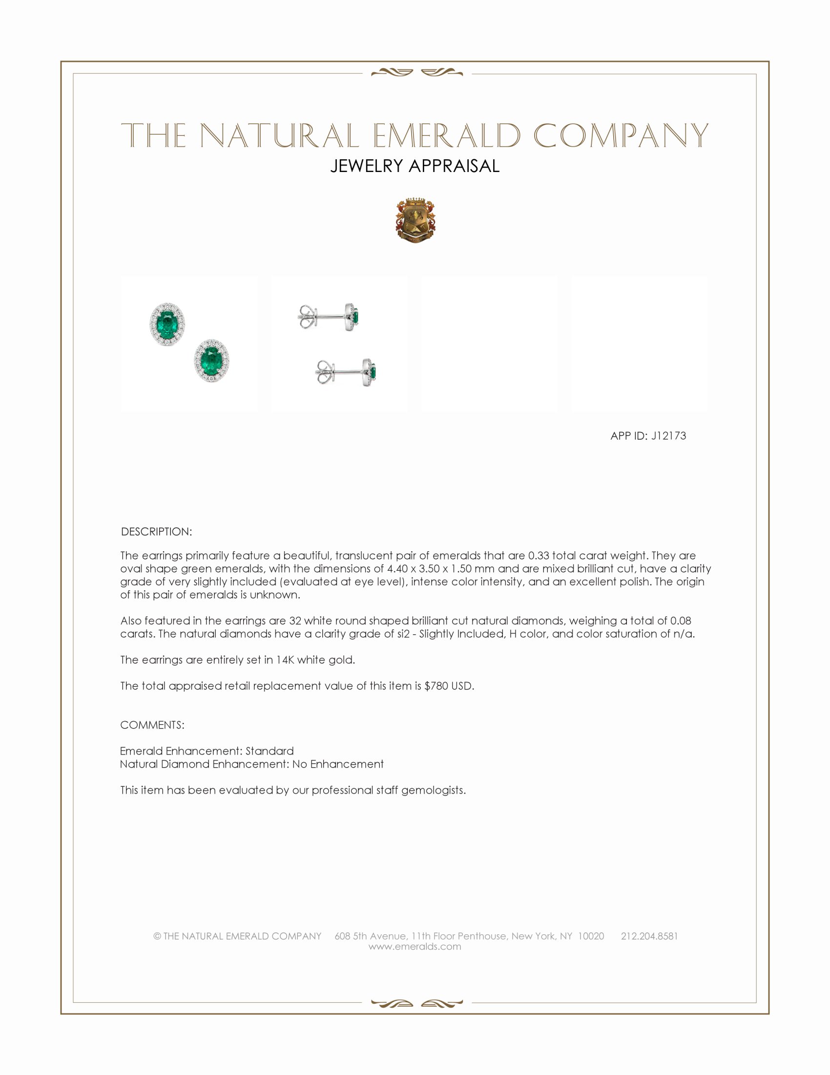 0.33 Ct.Tw. Emerald and Natural Diamond Studs Earrings, 14K White Gold