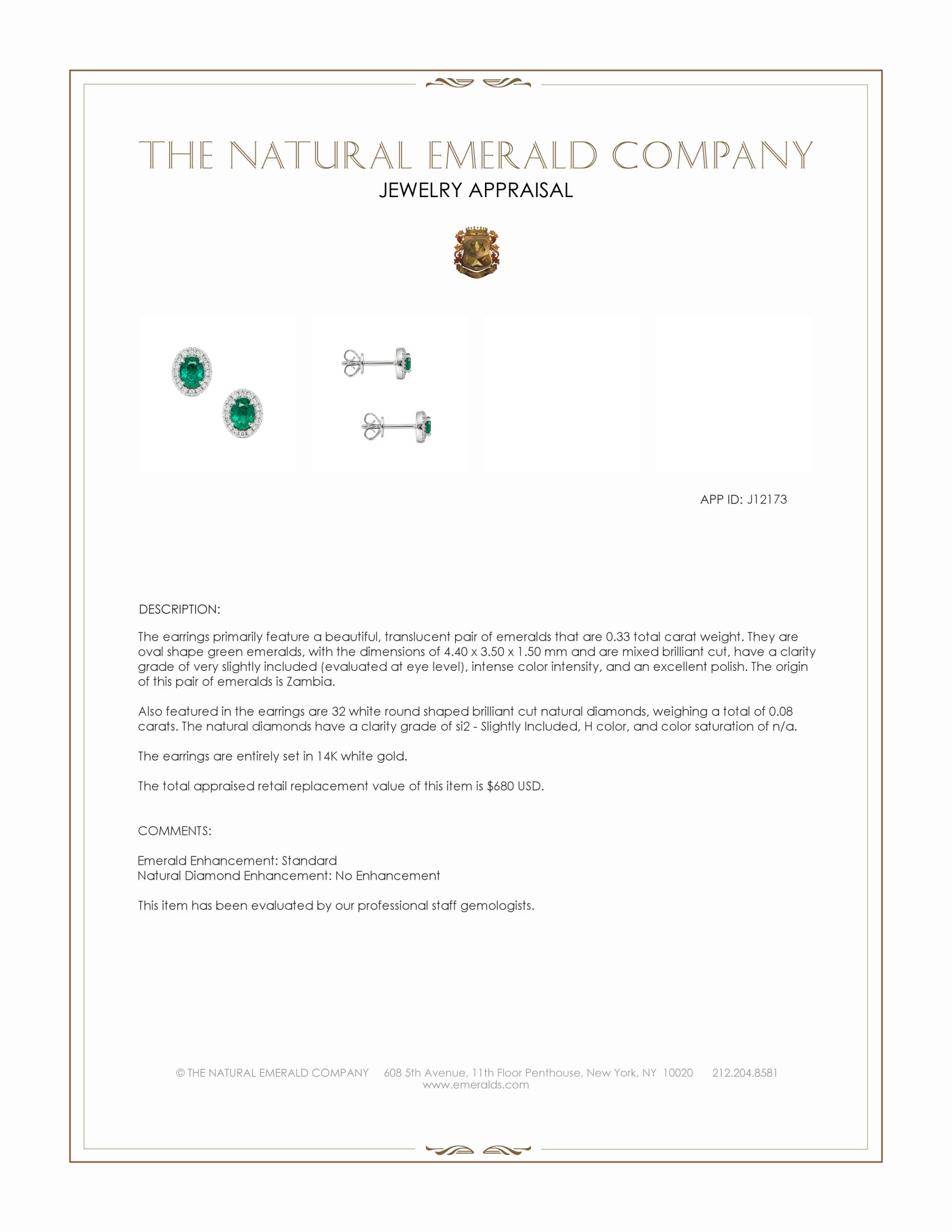 0.33 Ct.Tw. Emerald and Natural Diamond Studs Earrings, 14K White Gold