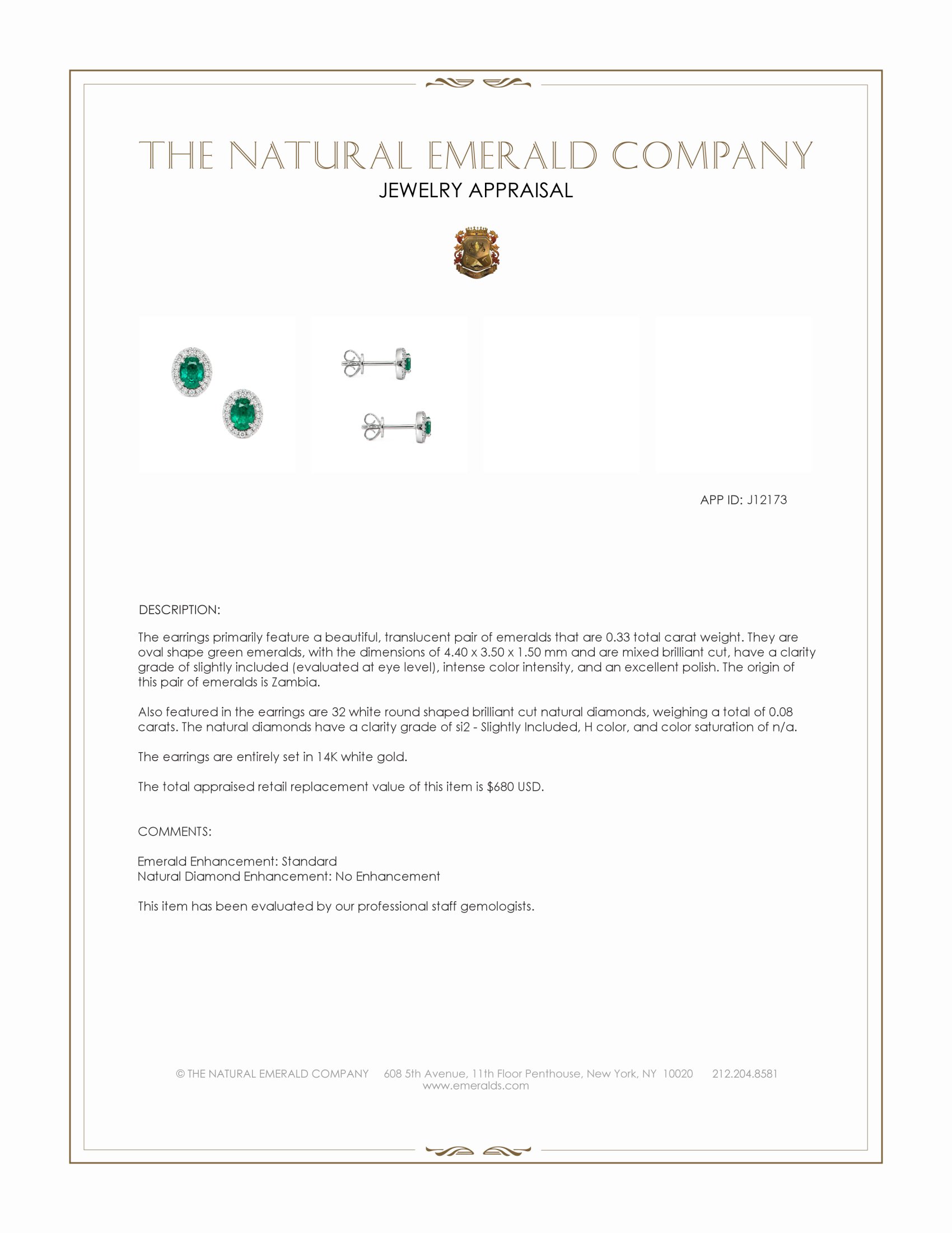 0.33 Ct.Tw. Emerald and Natural Diamond Studs Earrings, 14K White Gold
