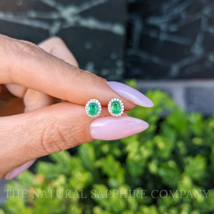 0.33 Ct.Tw. Emerald and Natural Diamond Studs Earrings, 14K White Gold