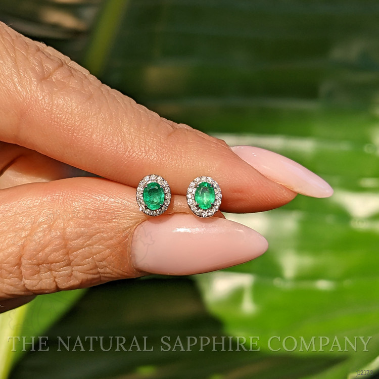 0.33 Ct.Tw. Emerald and Natural Diamond Studs Earrings, 14K White Gold