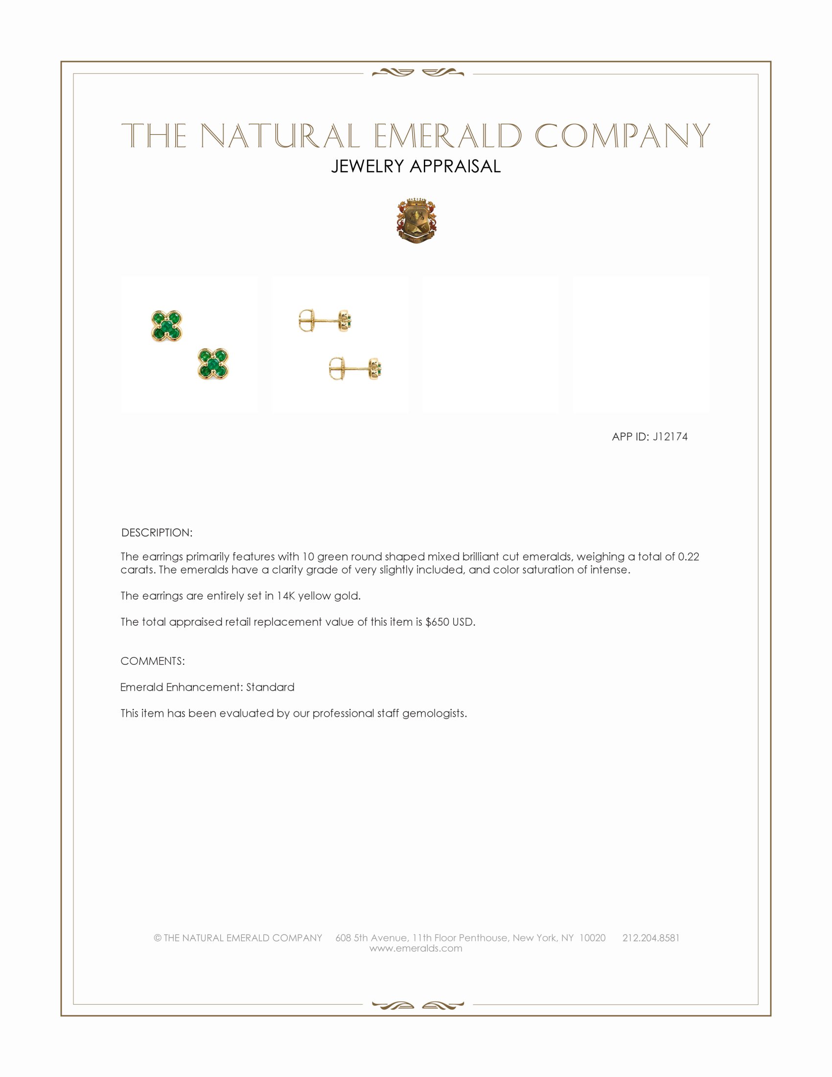 0.22 Ct.Tw. Emerald Studs Earrings, 14K Yellow Gold