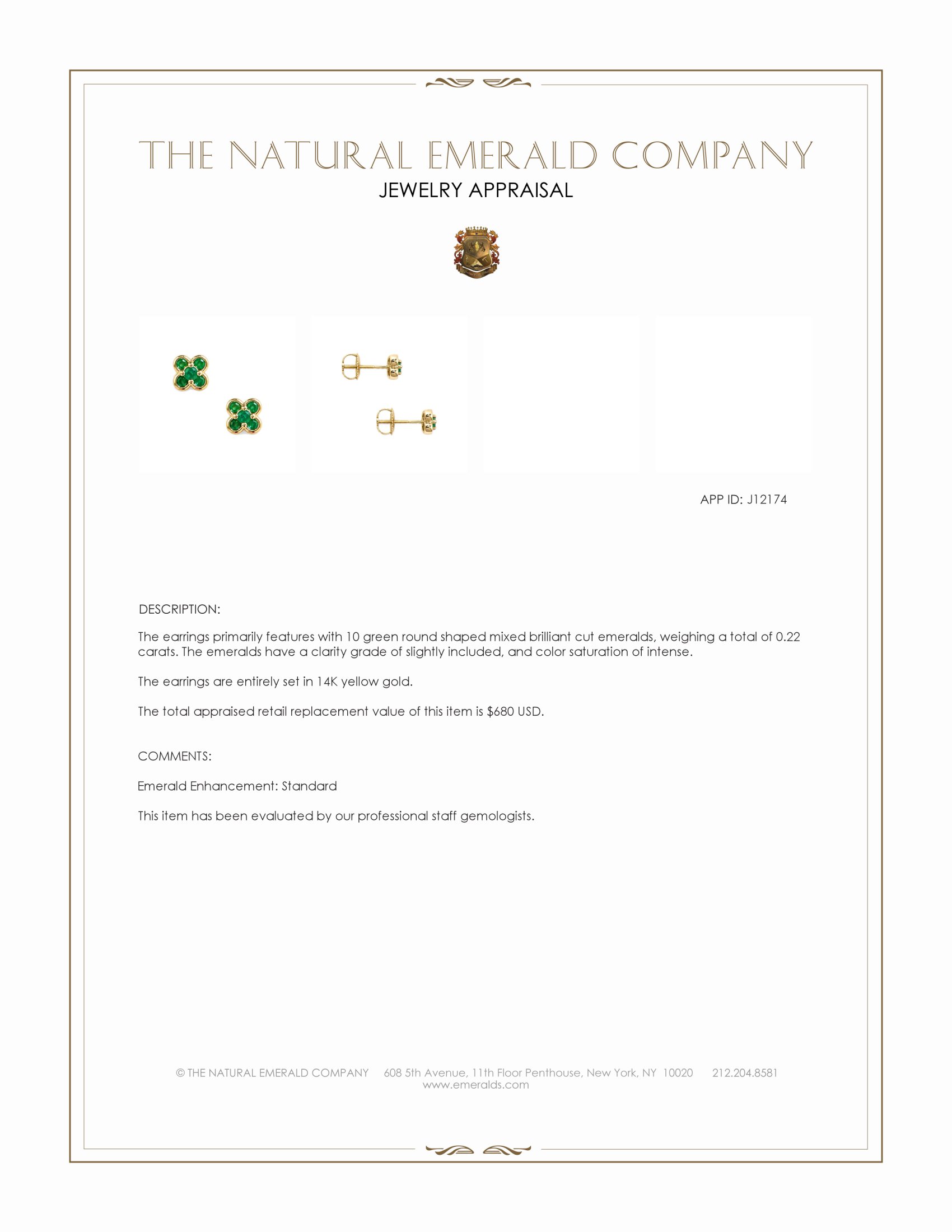 0.22 Ct.Tw. Emerald Studs Earrings, 14K Yellow Gold