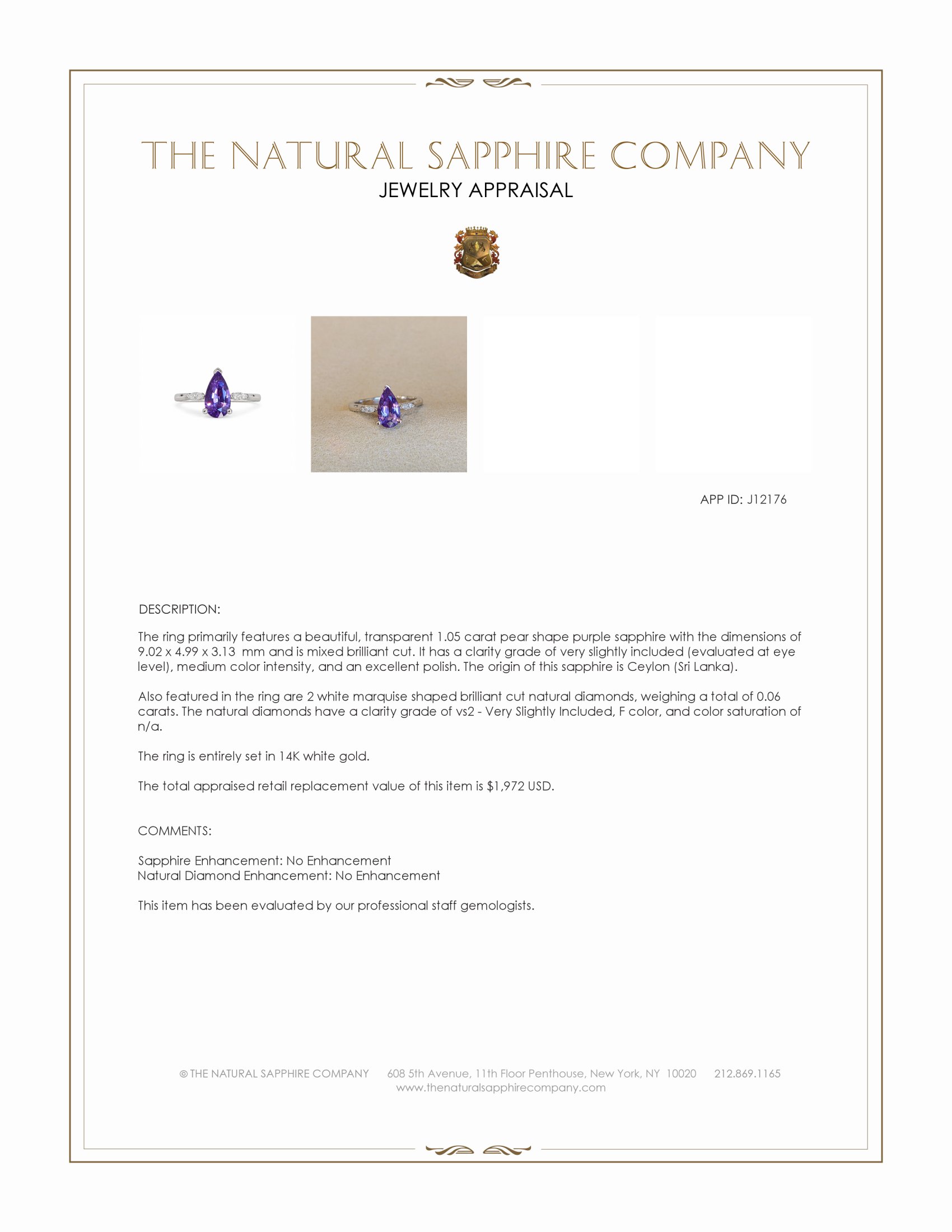 1.05 Ct. Purple Sapphire and Natural Diamond Three Stone Ring, 14K White Gold