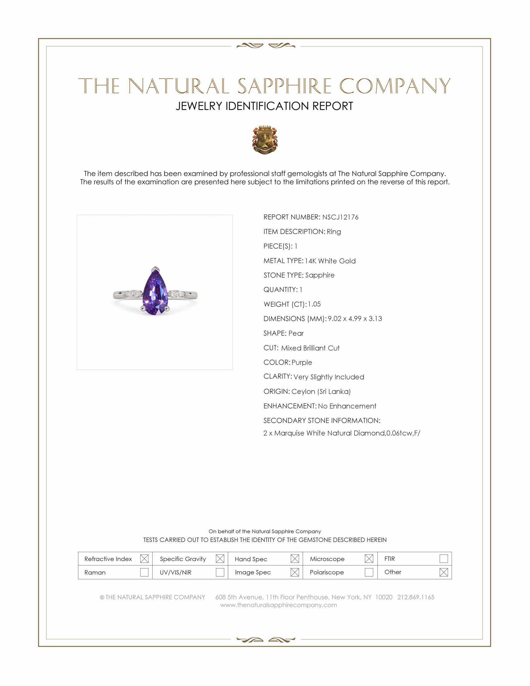 1.05 Ct. Purple Sapphire and Natural Diamond Three Stone Ring, 14K White Gold