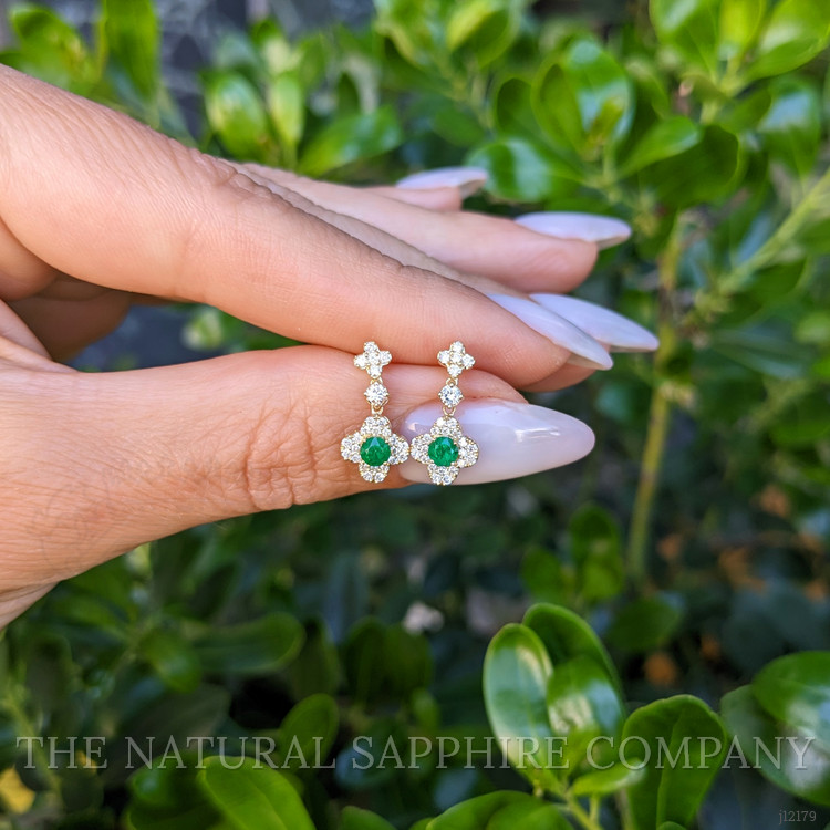 0.28 Ct.Tw. Emerald and Natural Diamond Pave Earrings, 14K Yellow Gold