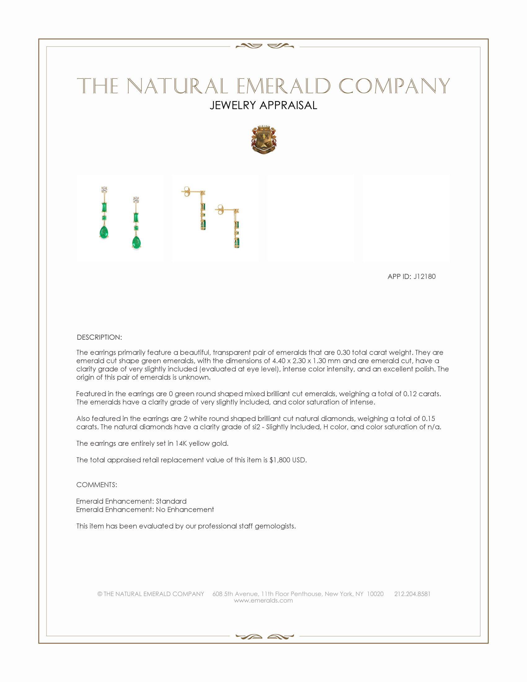 1.10 Ct.Tw. Emerald and Natural Diamond Drops Earrings, 14K Yellow Gold