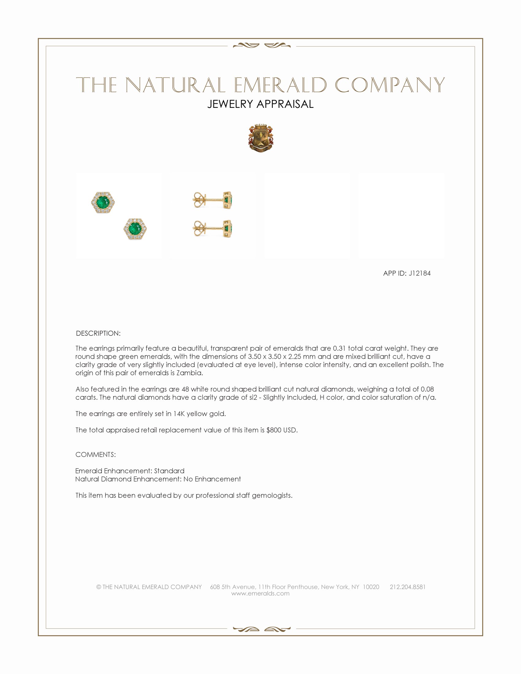 0.31 Ct.Tw. Emerald and Natural Diamond Studs Earrings, 14K Yellow Gold