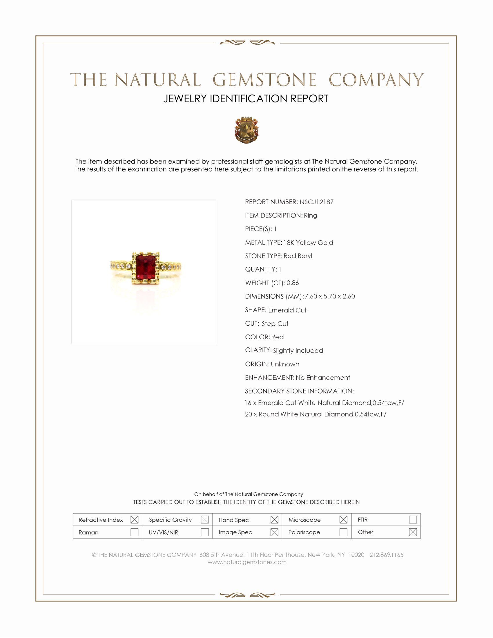 0.86 Ct. Red Red Beryl and Natural Diamond Pave Ring, 18K Yellow Gold