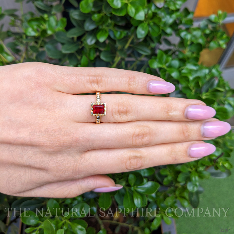 0.86 Ct. Red Red Beryl and Natural Diamond Pave Ring, 18K Yellow Gold