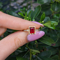 0.86 Ct. Red Red Beryl and Natural Diamond Pave Ring, 18K Yellow Gold Life Style