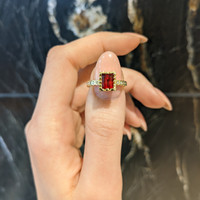0.86 Ct. Red Red Beryl and Natural Diamond Pave Ring, 18K Yellow Gold Life Style