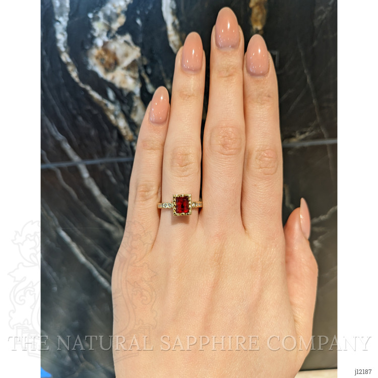 0.86 Ct. Red Red Beryl and Natural Diamond Pave Ring, 18K Yellow Gold