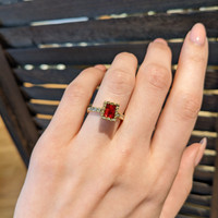 0.86 Ct. Red Red Beryl and Natural Diamond Pave Ring, 18K Yellow Gold Life Style