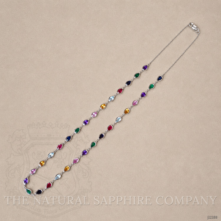 0.66 Ct.Tw. Mixed Sapphire, Emerald, Purple Amethyst, Yellow Citrine, Sky Blue Aquamarine and Ruby Accent Stones Necklace, 14K White Gold