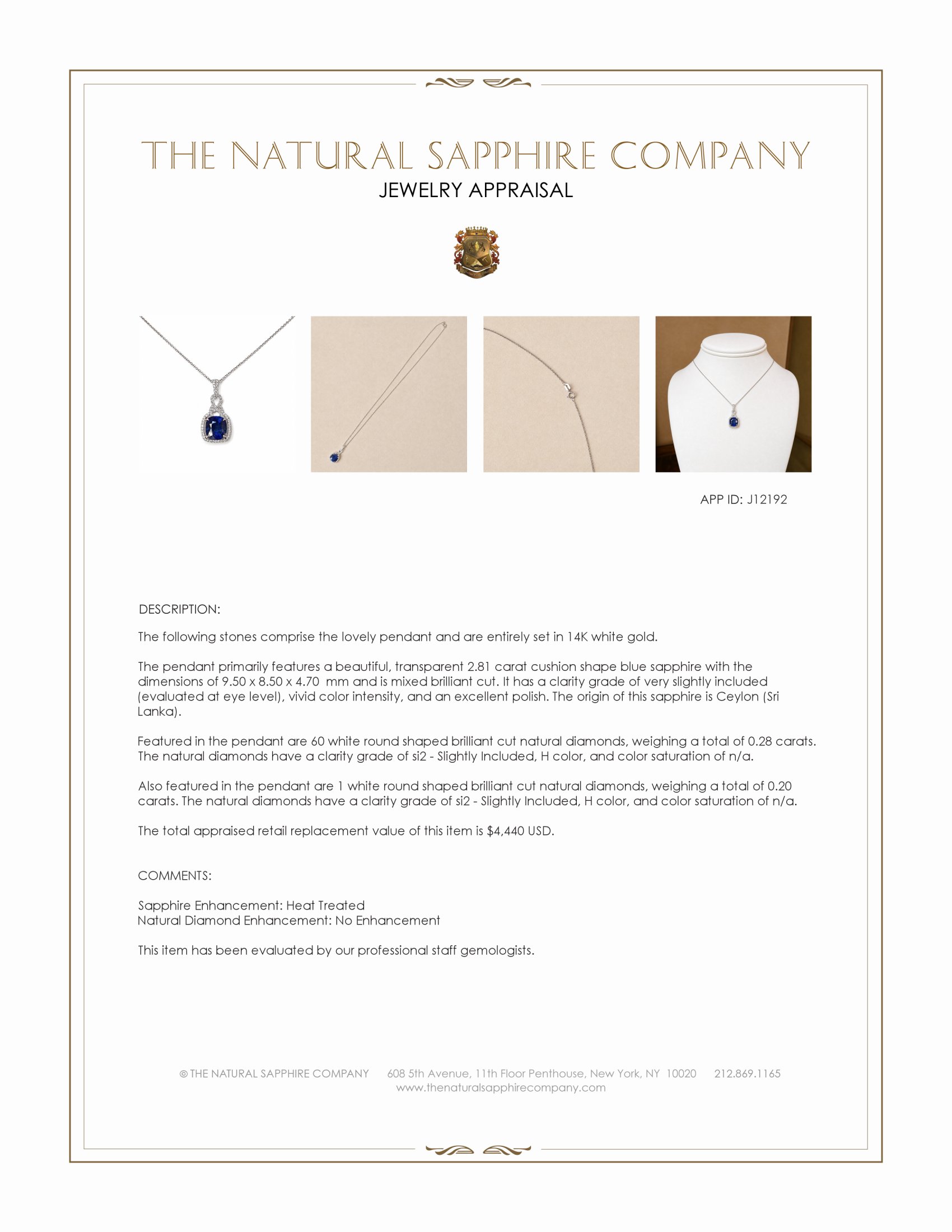 2.81 Ct. Blue Sapphire and Natural Diamond Halo Pendant, 14K White Gold