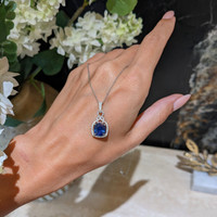 2.81 Ct. Blue Sapphire and Natural Diamond Halo Pendant, 14K White Gold Life Style