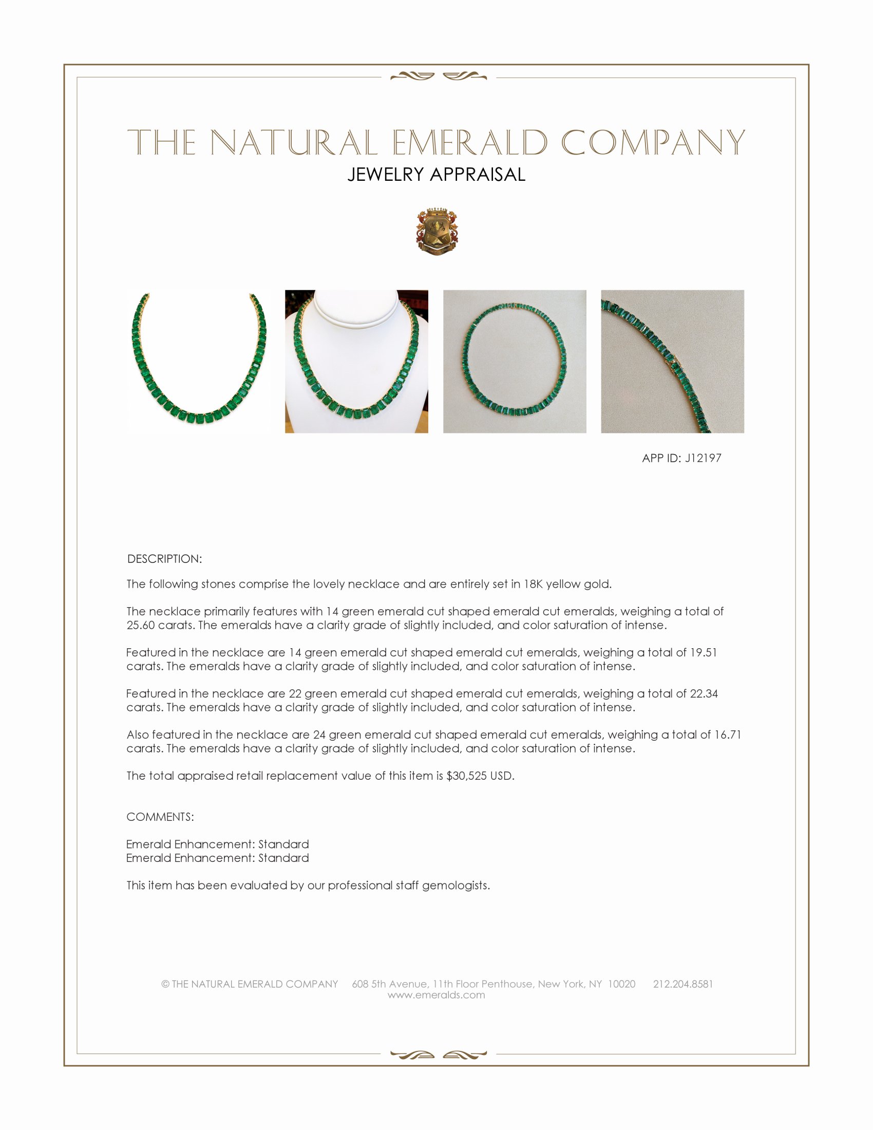 25.60 Ct. Emerald Accent Stones Necklace, 18K Yellow Gold