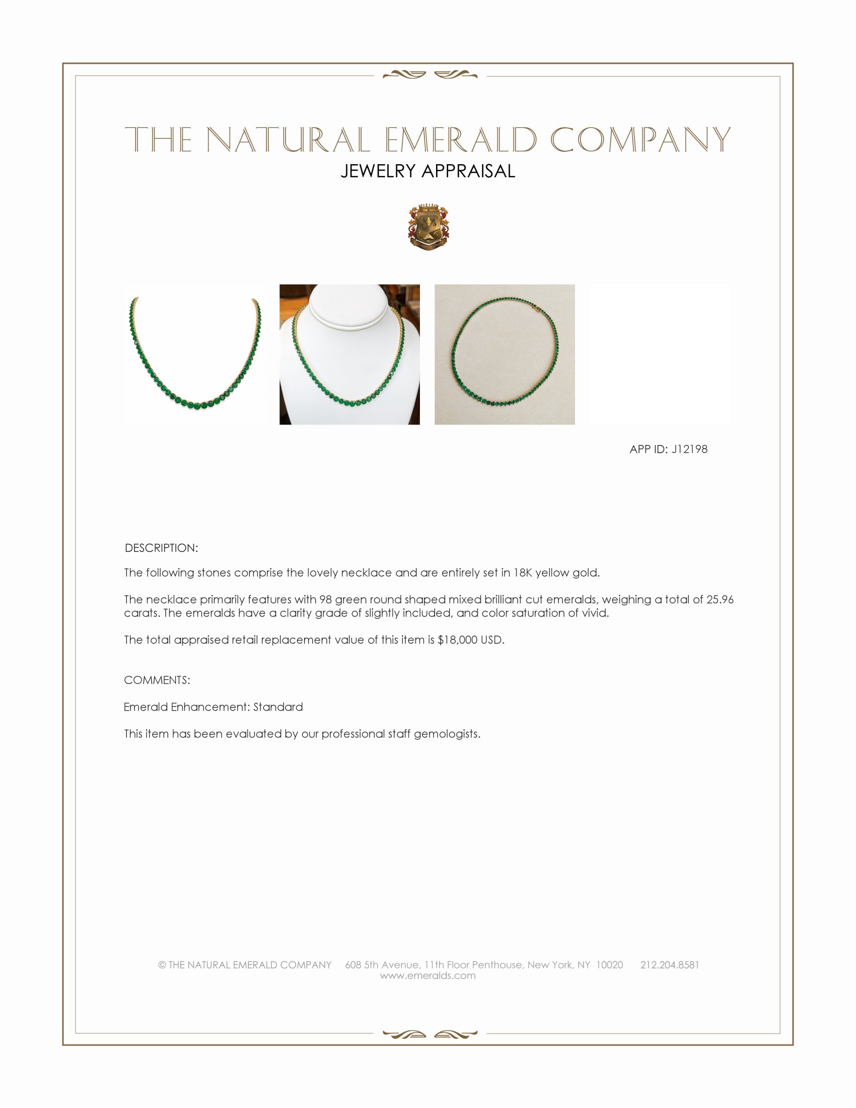 25.96 Ct. Emerald Accent Stones Necklace, 18K Yellow Gold