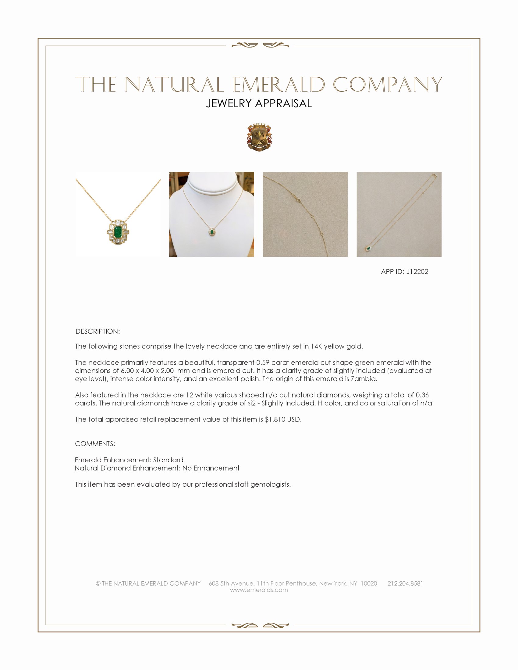 0.59 Ct. Emerald and Natural Diamond Antique Style Necklace, 14K Yellow Gold