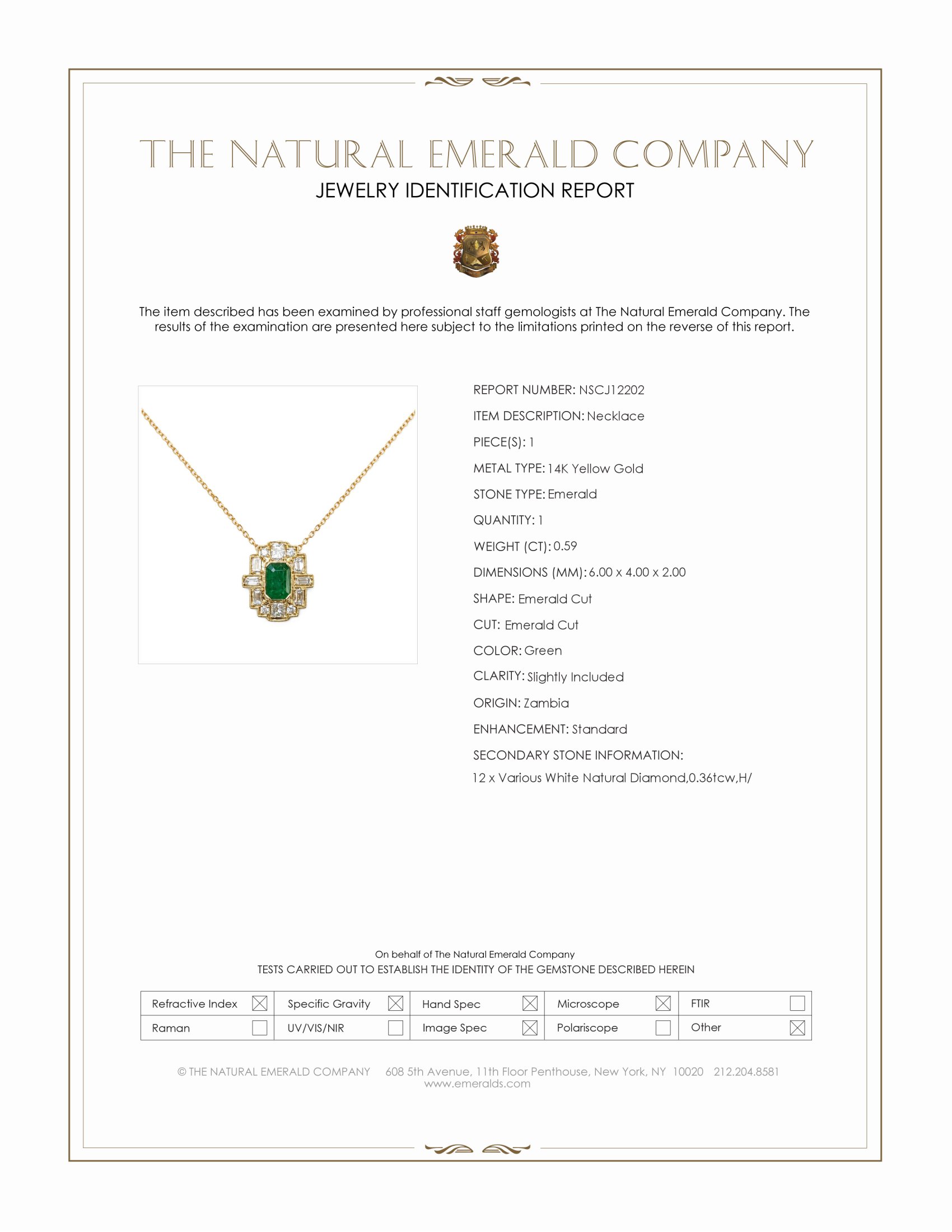 0.59 Ct. Emerald and Natural Diamond Antique Style Necklace, 14K Yellow Gold