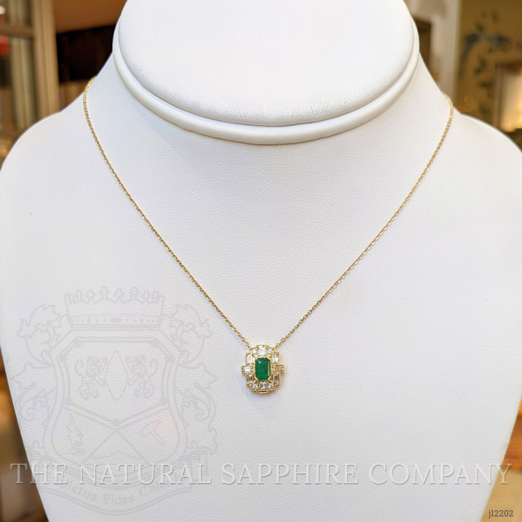 0.59 Ct. Emerald and Natural Diamond Antique Style Necklace, 14K Yellow Gold