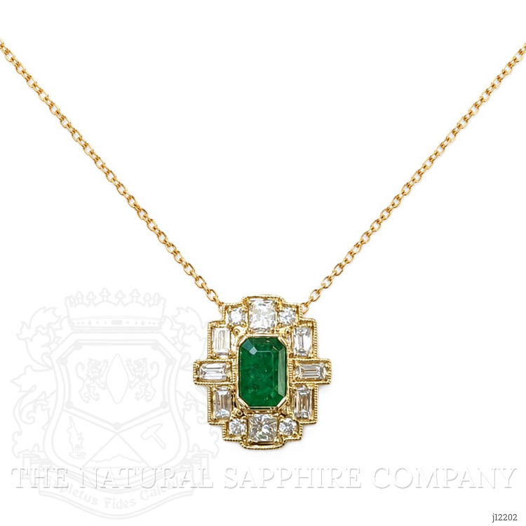 0.59 Ct. Emerald and Natural Diamond Antique Style Necklace, 14K Yellow Gold
