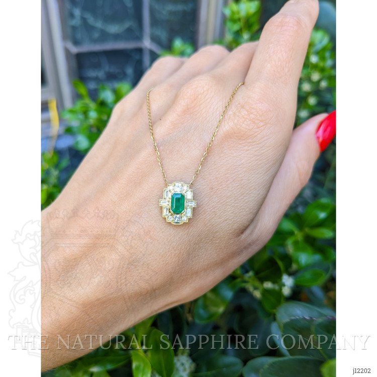 0.59 Ct. Emerald and Natural Diamond Antique Style Necklace, 14K Yellow Gold