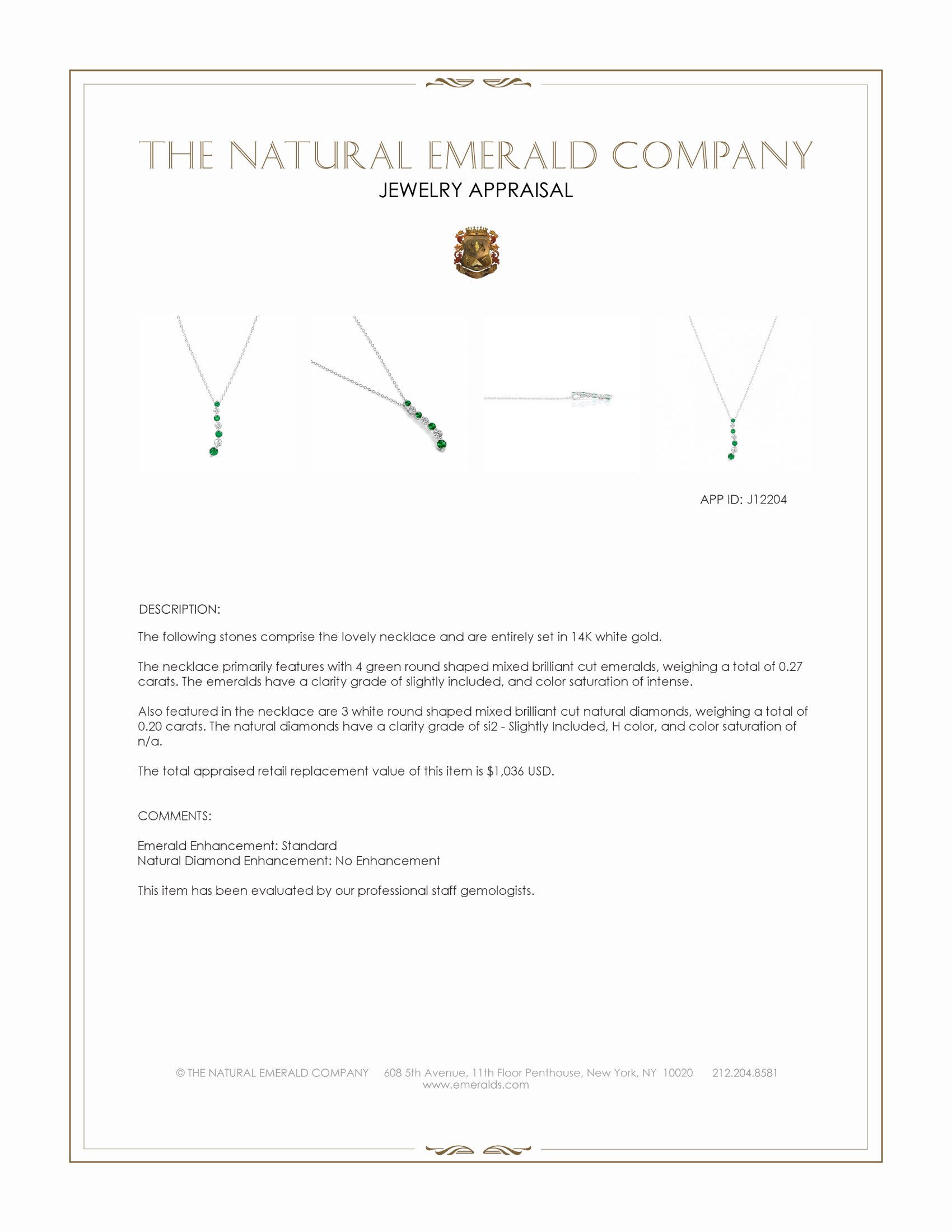 0.27 Ct. Emerald and Natural Diamond Accent Stones Necklace, 14K White Gold