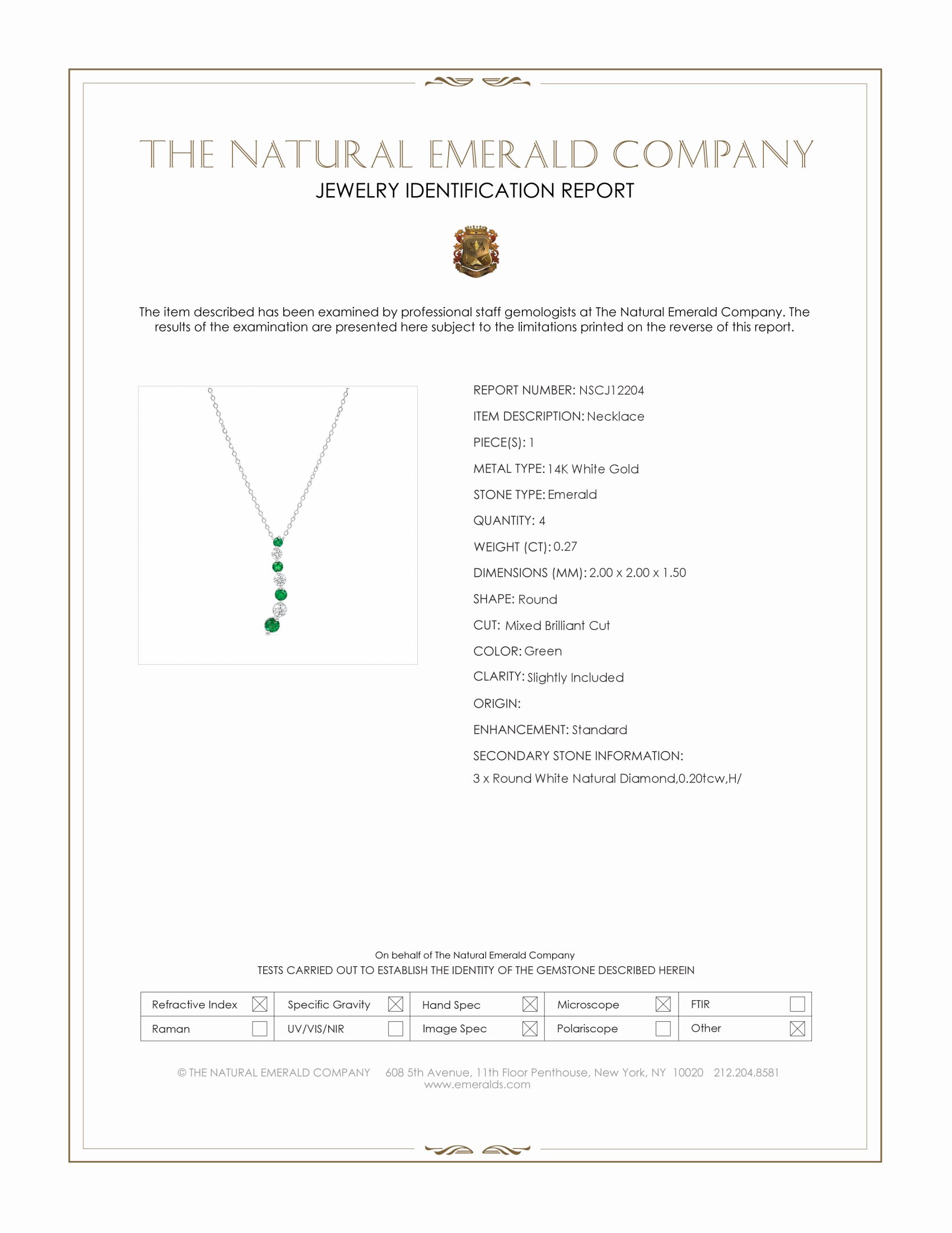 0.27 Ct. Emerald and Natural Diamond Accent Stones Necklace, 14K White Gold