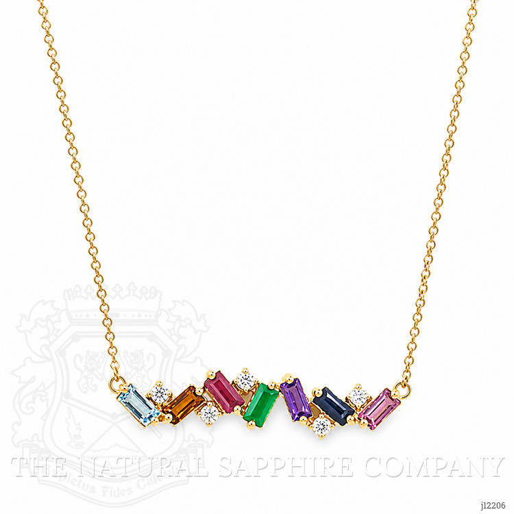 0.97 Ct.Tw. Sapphire, Aquamarine, Ruby, Emerald, Amethyst and Natural Diamond Accent Stones Necklace, 14K Yellow Gold