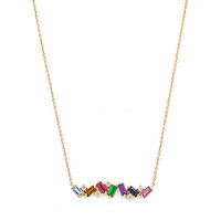0.97 Ct.Tw.Total Carat Weight Sapphire, Aquamarine, Ruby, Emerald, Amethyst and Natural Diamond Accent Stones Necklace, 14K Yellow Gold Image