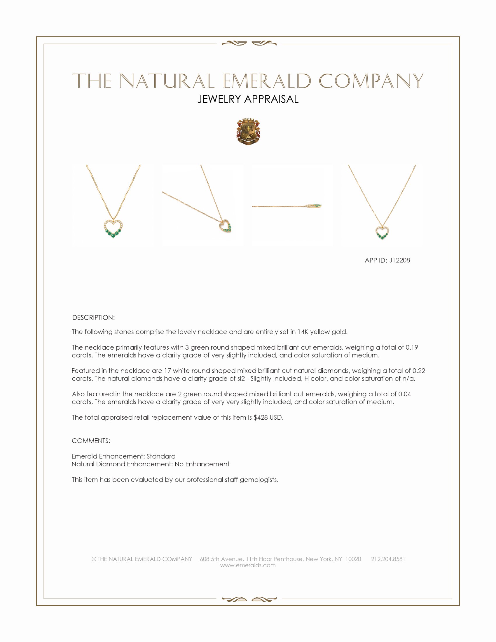 0.19 Ct. Emerald and Natural Diamond Accent Stones Necklace, 14K Yellow Gold