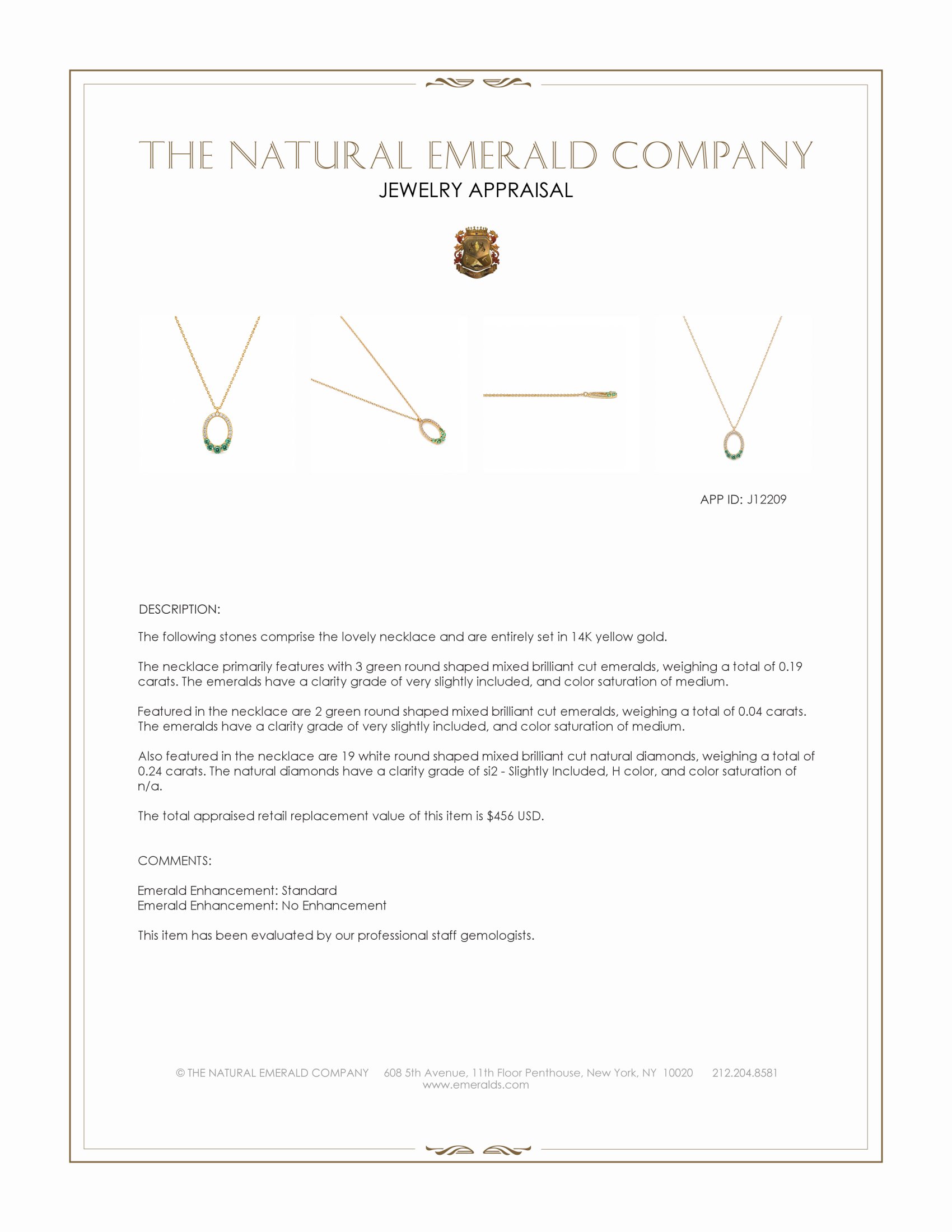 0.19 Ct. Emerald and Natural Diamond Accent Stones Necklace, 14K Yellow Gold