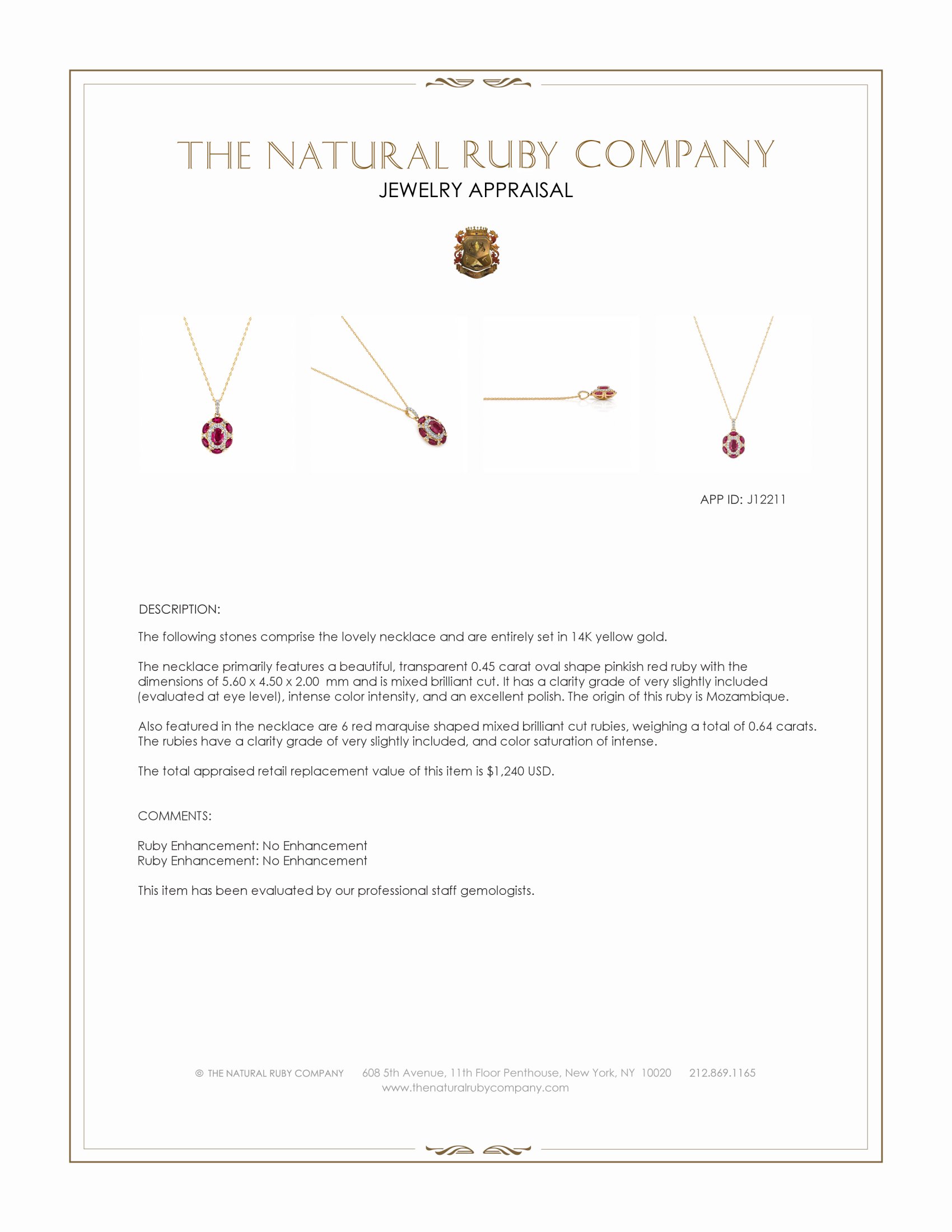 0.45 Ct. Pinkish Red Ruby and Ruby Pave Necklace, 14K Yellow Gold
