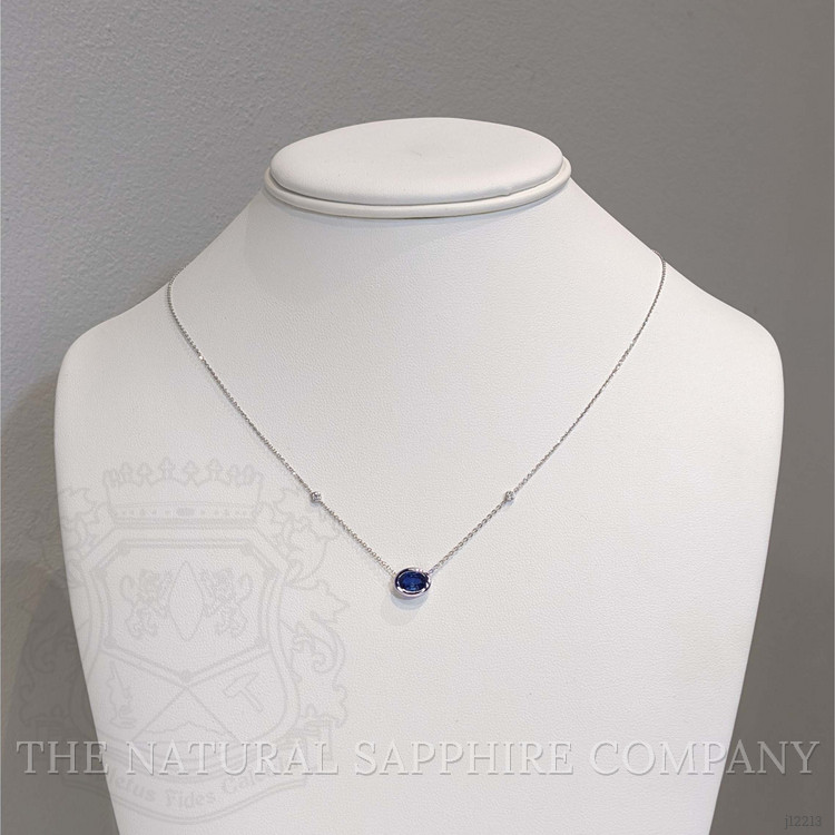 1.12 Ct. Blue Sapphire and Natural Diamond Bezel Necklace, 14K White Gold