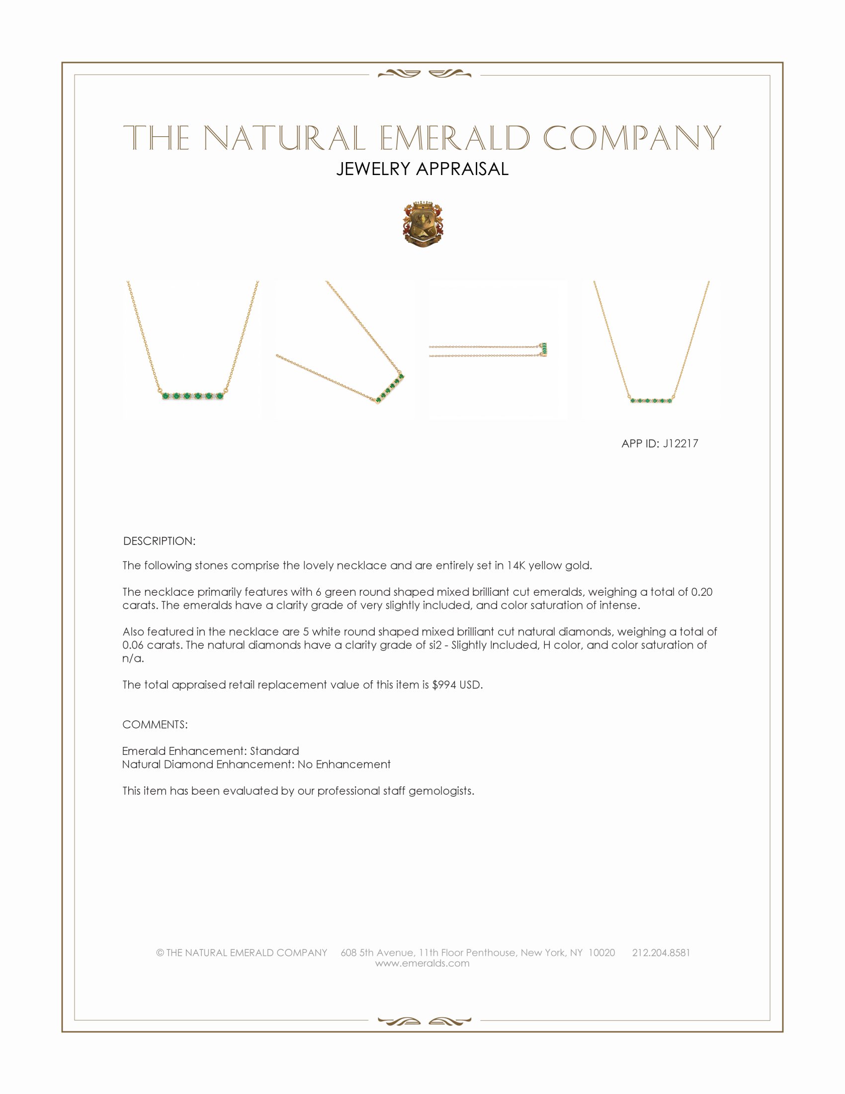 0.20 Ct. Emerald and Natural Diamond Accent Stones Necklace, 14K Yellow Gold
