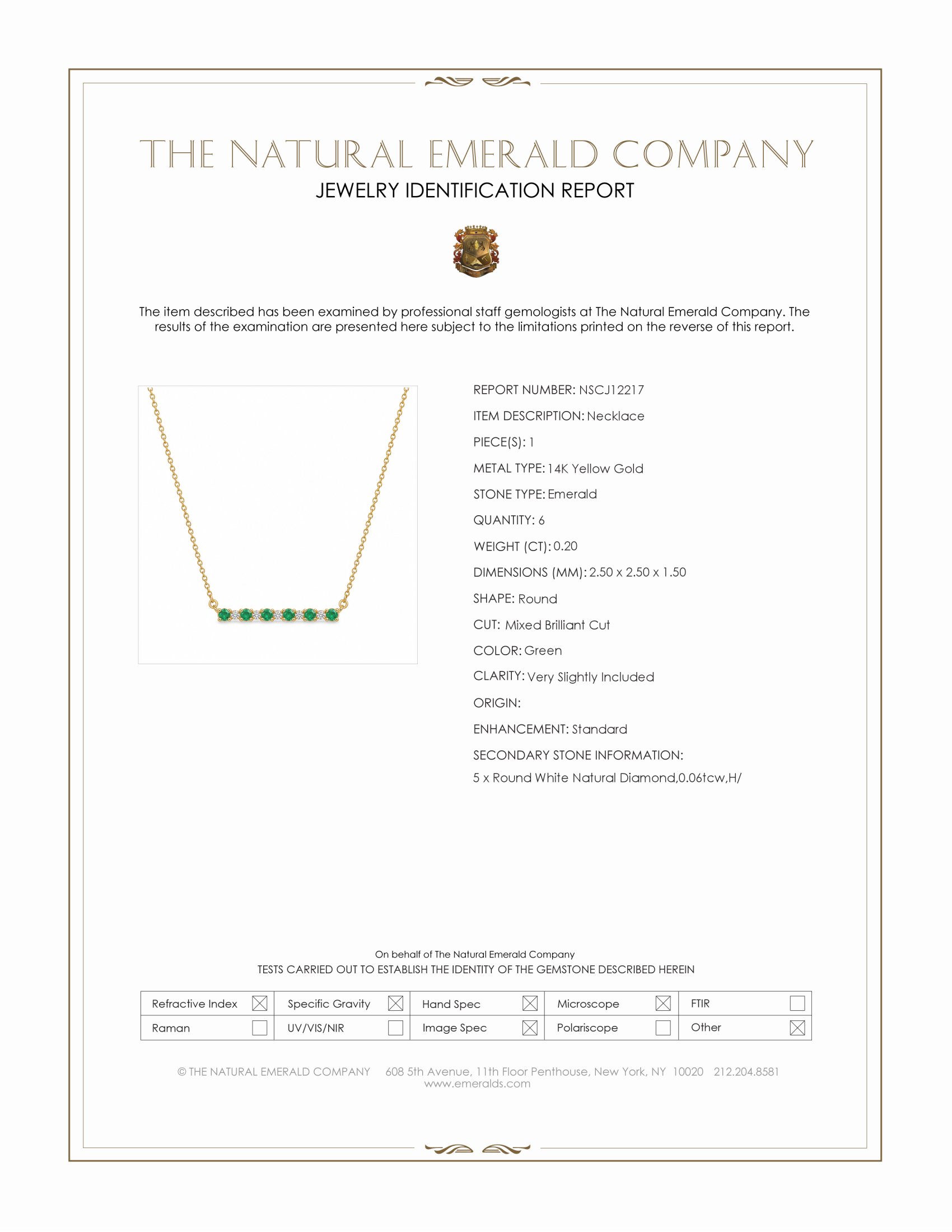 0.20 Ct. Emerald and Natural Diamond Accent Stones Necklace, 14K Yellow Gold