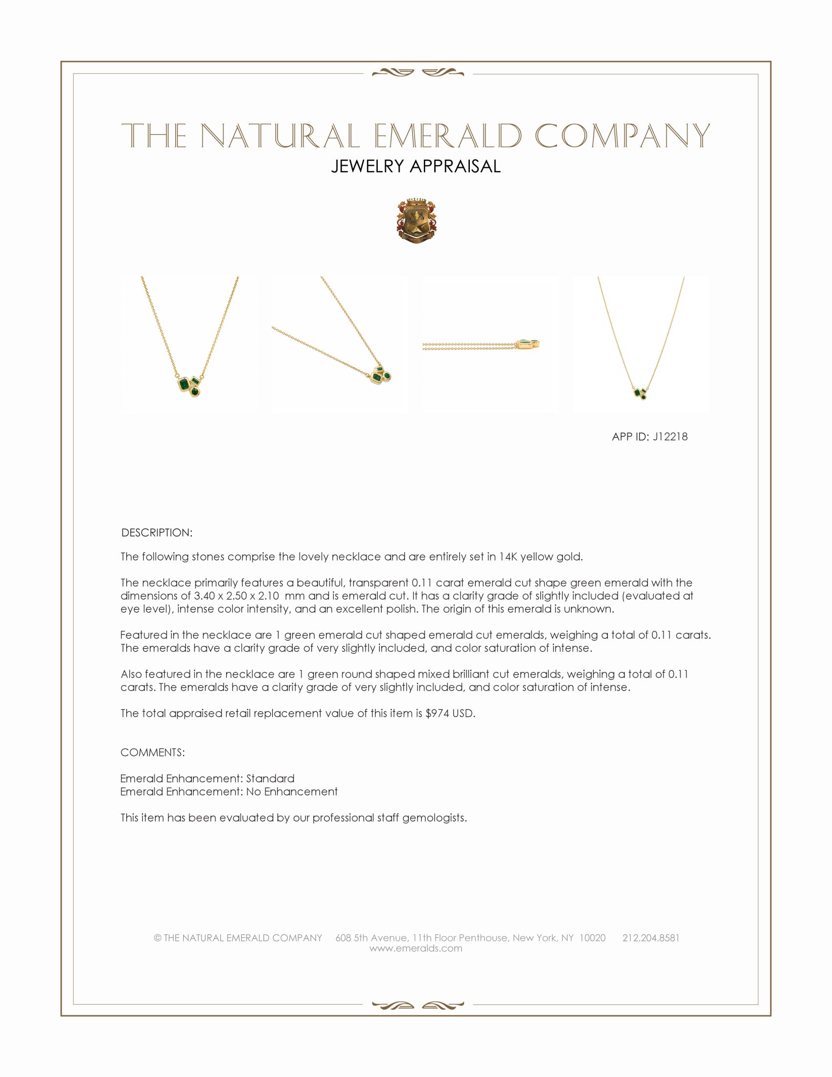 0.11 Ct. Emerald Bezel Necklace, 14K Yellow Gold