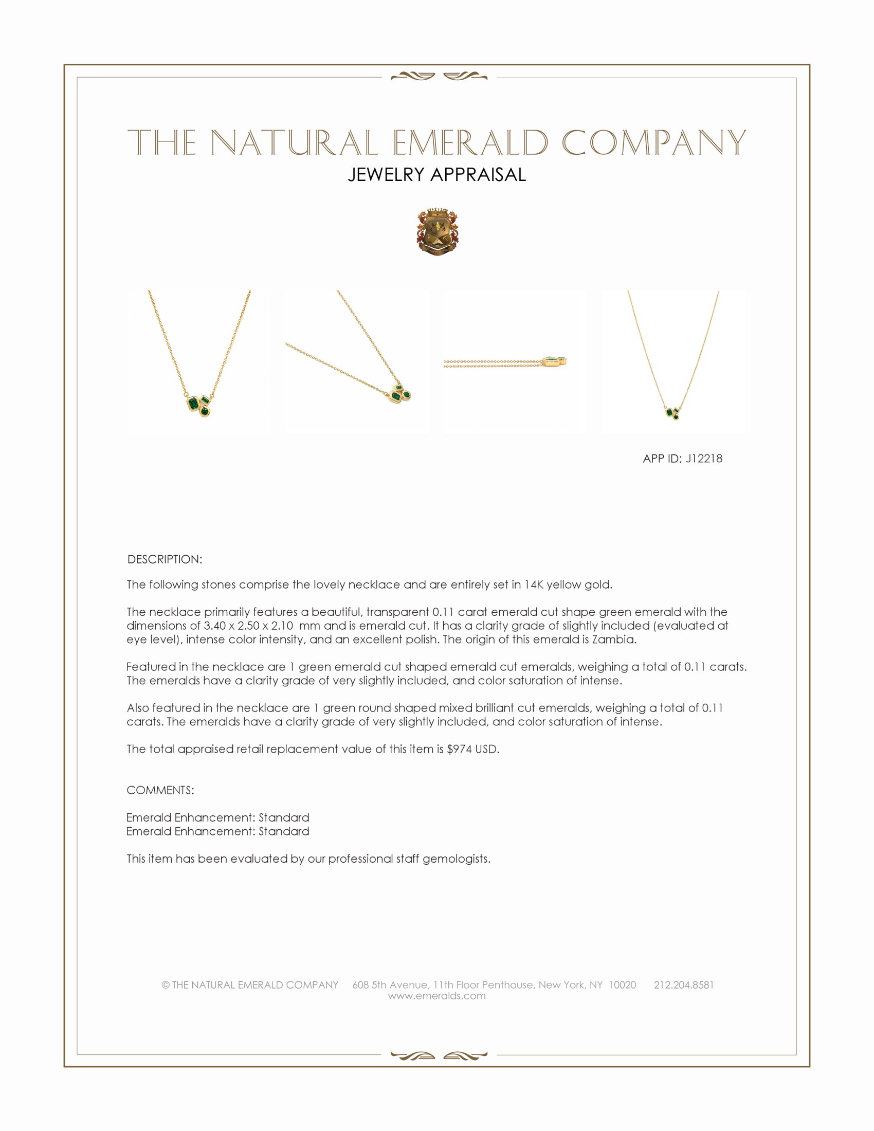 0.11 Ct. Emerald Bezel Necklace, 14K Yellow Gold