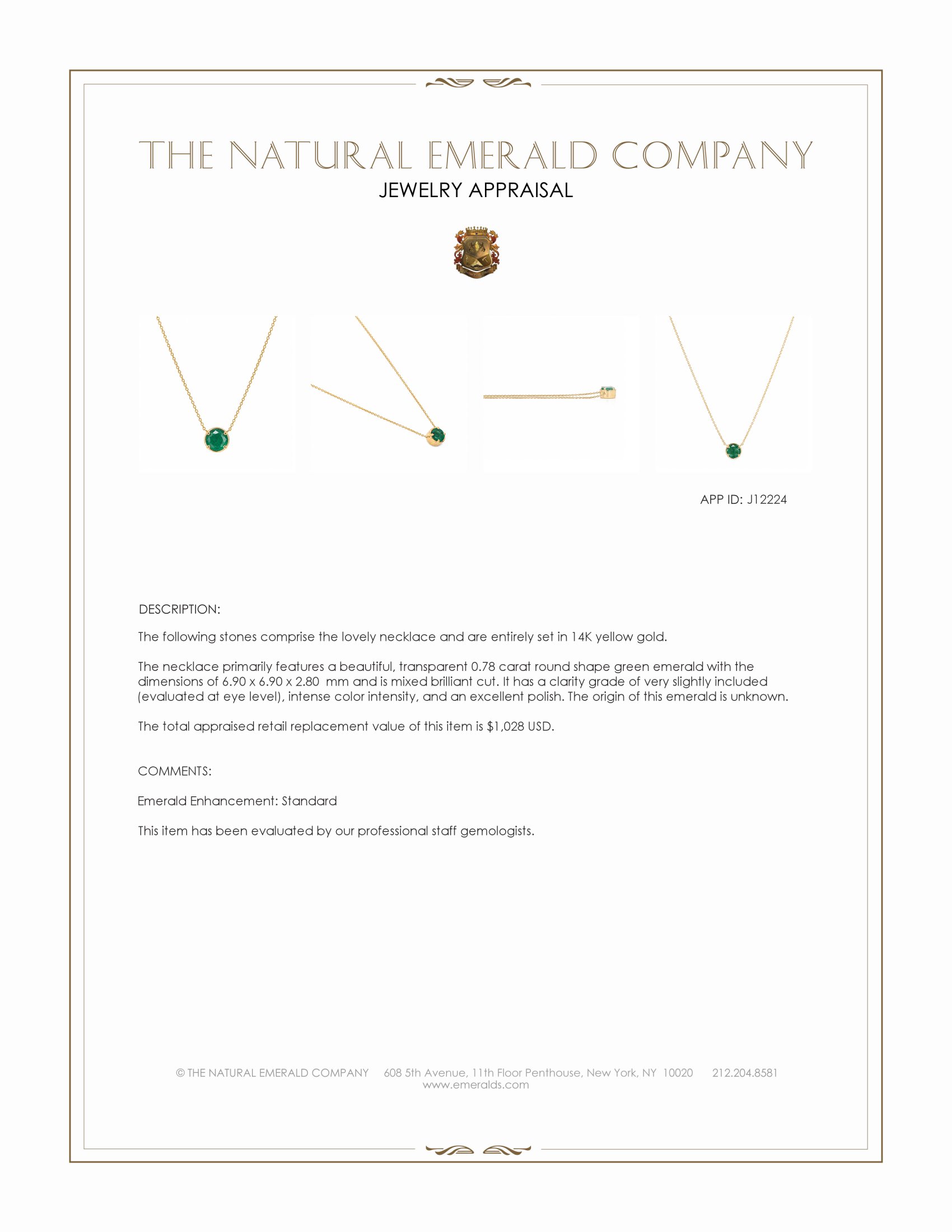 0.78 Ct. Emerald Bezel Necklace, 14K Yellow Gold