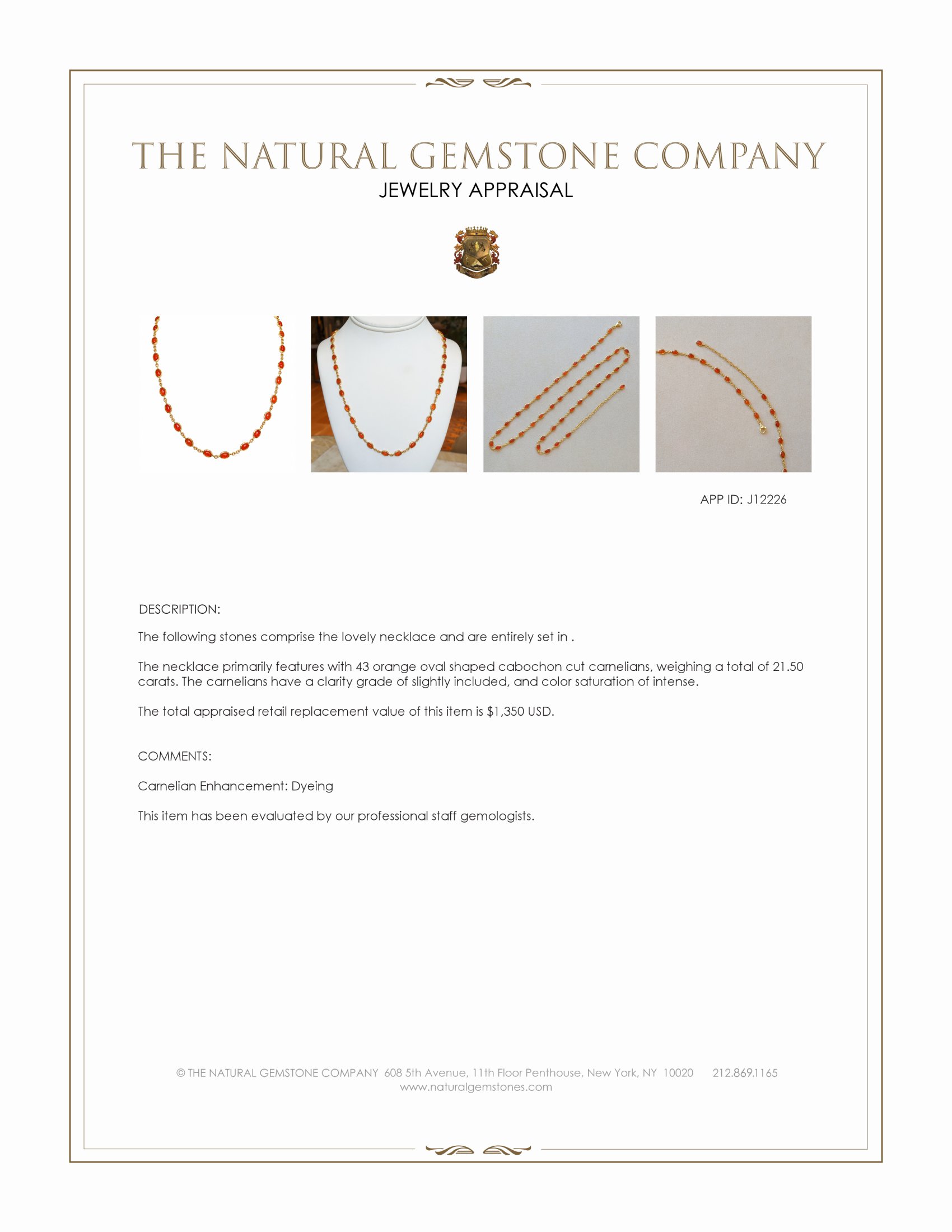 21.50 Ct. Orange Carnelian Bezel Necklace, 22K Gold Plated Silver