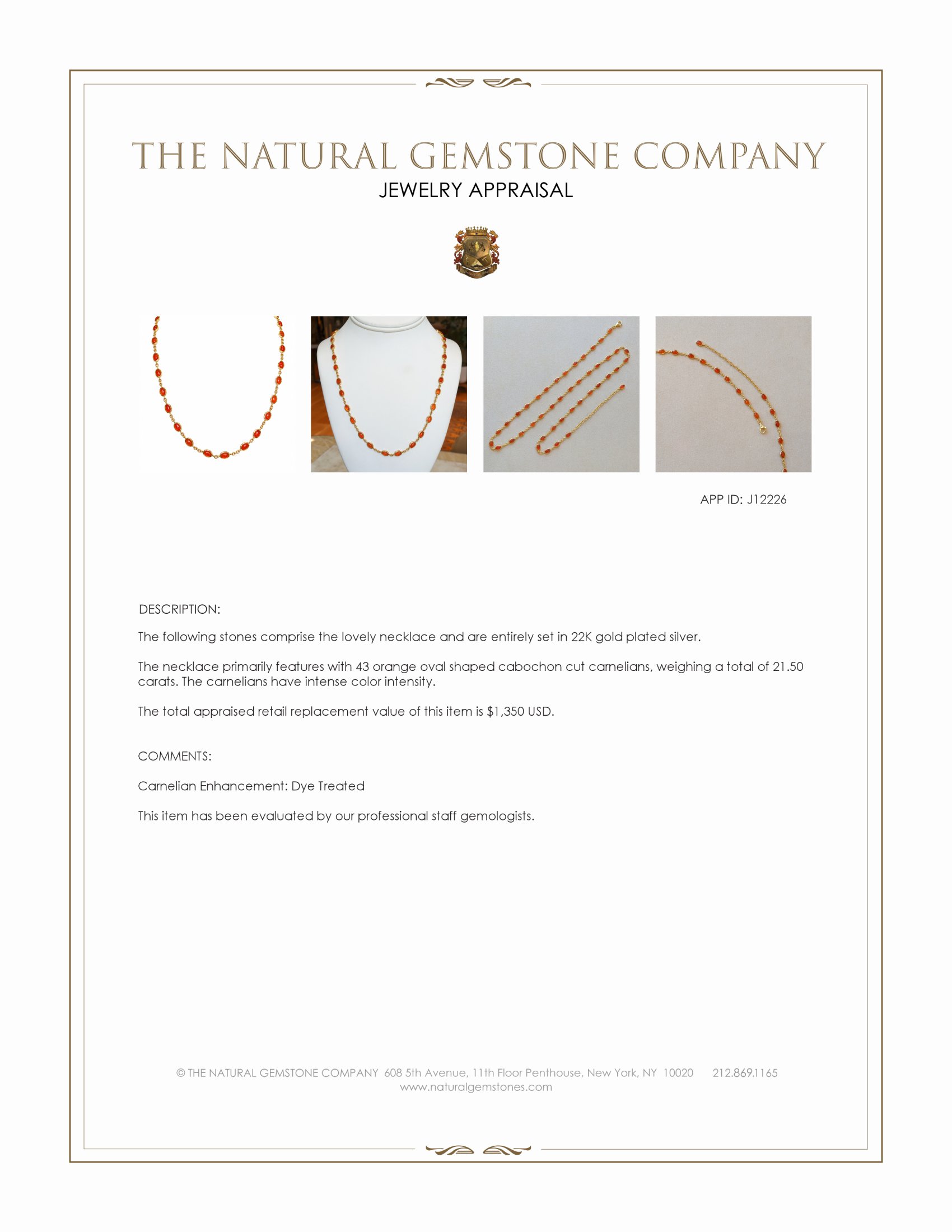 21.50 Ct. Orange Carnelian Bezel Necklace, 22K Gold Plated Silver